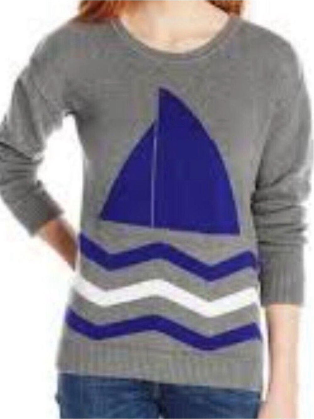 Eric + Lani Women's XL Grey Crewneck Sweater with Navy Sailboat Graphic